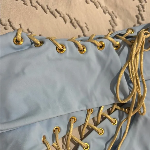 Luli Fama Light Blue One Piece Swimsuit with Gold Accents PURA CURIOSIDAD - Picture 6 of 8